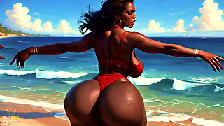4K 100% Ai Generated 3D Soft Looping Pmv: Dark-skinned Thick Ass Gentle Twerk on Tropical Beach in Sexy Bikinis