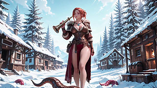 Redhead Warrior in Snow! Forbidden Leather Armor Seduction in Medieval Village. Cold Queen Unzips Her Gear & Goes Wild!