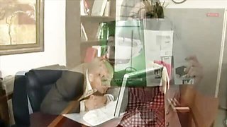 Sara Stone pops out of her gingham top and rides her boss in his office chair