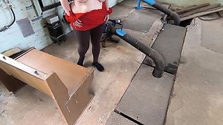 Hard Banging Her Boobs in the Workshop