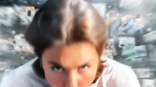 Brunette rooftop blowjob, city pussy ride, bedroom footjob