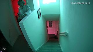 Caught on Security Cam Cheating Woman Flirts and Fucks on the Stairs