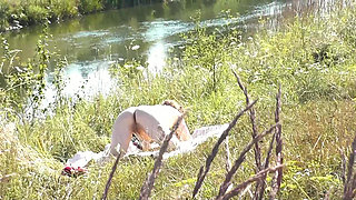 Wild beach Random guy passing by saw naked woman sexy mature Milf sunbathing on river bank Doggystyle Doggy style Butt Ass Pussy