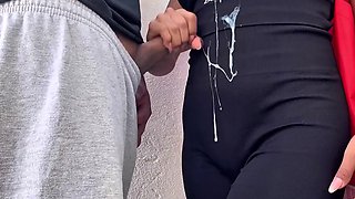 Sexy latina woman pulls me to the corner and handjobs my cock until i cum all over her blouse