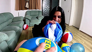 Inflatable Humiliation in Leather. Beach Ball Popping, Deepthroat, Doggy and Cum Play