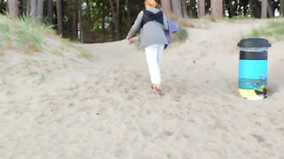 POV. You Watch as a Busty Model, of Your Presence, Strips Naked on the Beach, Bathes, and Plays in the Sand.