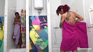 Caught in Shared Hostel Shower: Interracial with BBC Darrell Deeps and Perky Tits Tattooed Redhead Hoe Ria Red