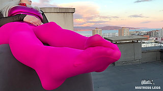 Pink Nylon Tease on the Rooftop at Sunset - Feet and Big Ass