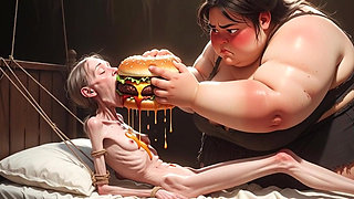 Extremely Skinny Girl Fed by Massive SSBBW - Extreme Feederism Contrast