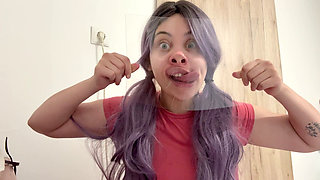 Silly Face Fetish and Squirting Milk Onto a Glass Table