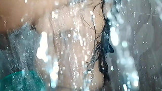 Tamil housewife and husband taking bath together in the bathroom