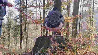 Desperate Teen Slut Leashed Outdoor Pissing and Anal with Mature Lesbian