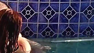 Hot Long Haired Ginger MILF Taking a Dip and Fucking in Outdoor Pool