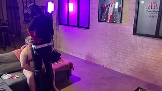 Behind the Scenes Caged Sub Gets Destroyed by His Mistress's Strap-on - BDSM - French Pegging