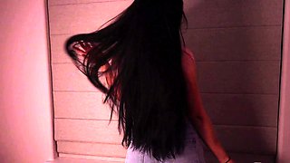 Small titted brunette teen fingering on the bed