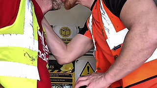 Sloppy seconds Slut bottom takes 2 big cocks and  double creampie on the Construction site.