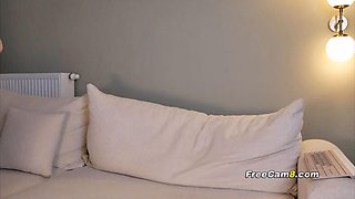 Flexible Blonde Intern Secretly Toys Pussy on Couch