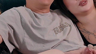 Step Sis Gives Her Step Brother a Secret Blowjob Under the Blanket While His Girlfriend Watches the Movie