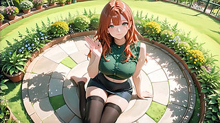 Redhead Busty Beauty Passionate Sex on Garden Grass: Shiny Green Skirt & Black Stockings to Squirting