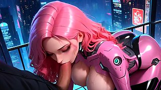 Neon Cyberpunk Shemale in Pink Latex Plays with Cock