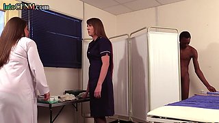 IR CFNM nurses blowing black dong in infirmary threesome orgy
