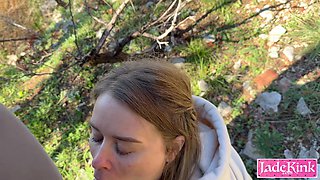 Stunningly beautiful girl giving blowjob to stranger while hiking