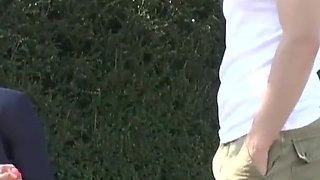 Nasty girl in nylons adores outdoor ass fuck after smoking cigarette