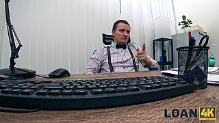 Slender brunette girl comes to her loaner's office to pay him with her body and get fucked