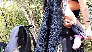 Outdoor BDSM Solo in Black Dress with Nipple Clamps and Butt