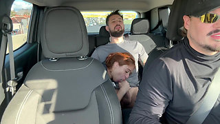 Couple Fucks in Uber Car During Traffic - Redhead Swallows Cum and Lets It Drip Out of Mouth