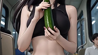 hentai played with a cucumber on the subway