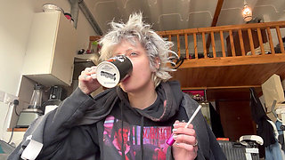 Cute Goth Smoking a Cig in a Hoodie No Makeup