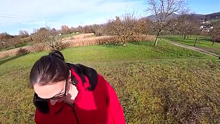 Glasses MILF Saskialove87 Deep Throat Blowjob Outdoor - German Amateur Housewife Swallows Cum