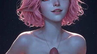 Pink-haired AI elf gives a blowjob, does a titjob, rides cowgirl-style, and ends up with cum dripping from her mouth