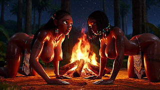 Voluptuous Ebony Tribal Women Perform Primal Fire Worship On All Fours Covered In Oil And Sacred Earth At Night