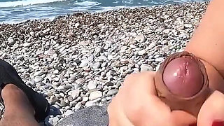Jerking off My Boyfriend at a Beach - Quick Risky Outdoor Handjob with Huge Cumshot