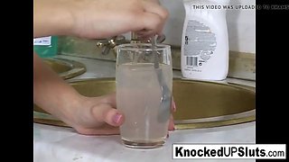 Pretty and pregnant babe gets fucked in the kitchen