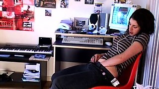 Busty curly brunette with big boobs fucks on couch