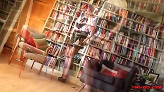 Lusty Redhead Librarian Fingering Her Wet Pussy in Library - Big Tits MILF in Stockings
