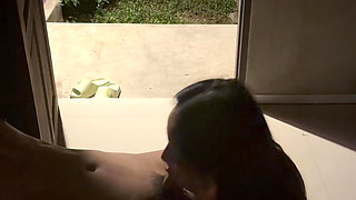 Outdoor with a Beautiful Girlfriend in Front of the Door of the Room.