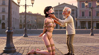 Public Rope Bondage - Old Man Caressing Desperate & Wet Woman