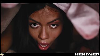 Ebony bunny girl trapped on a magic carpet, stuffed full in every hole