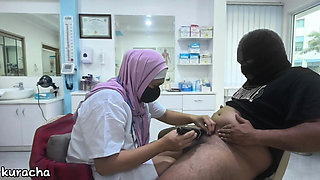 Hijab Doctor shaves Client's thick cock not gets erect during shaving