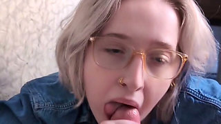 Sloppy throat covers glasses nerd in her own spit