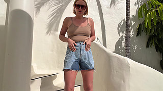 Desperate Wetting Denim Shorts on the Terrace: Can't Hold It Anymore