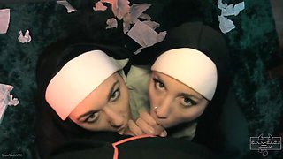 Lesbian Nuns Share One Hung Stud