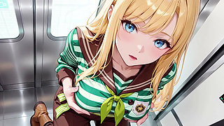 She sips beer while fixing her apron, revealing creamy cleavage.