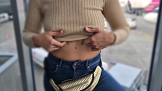 Flashing Her Tits in at the Airport, Showing Her Tits to Everyone