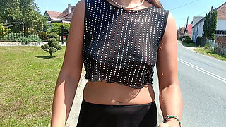 Walking Down the Street in a See-through Blouse Public Flashing of Tits and Pussy