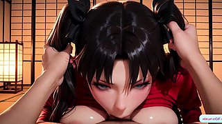 Big tits anime brunette rides hard and gets messy creamy cum